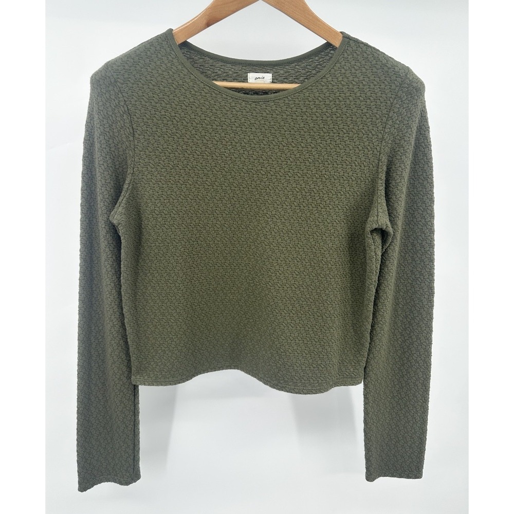 Aerie Crop Shirt Top Women's Large Olive Green Long Sleeve Textured Puckered